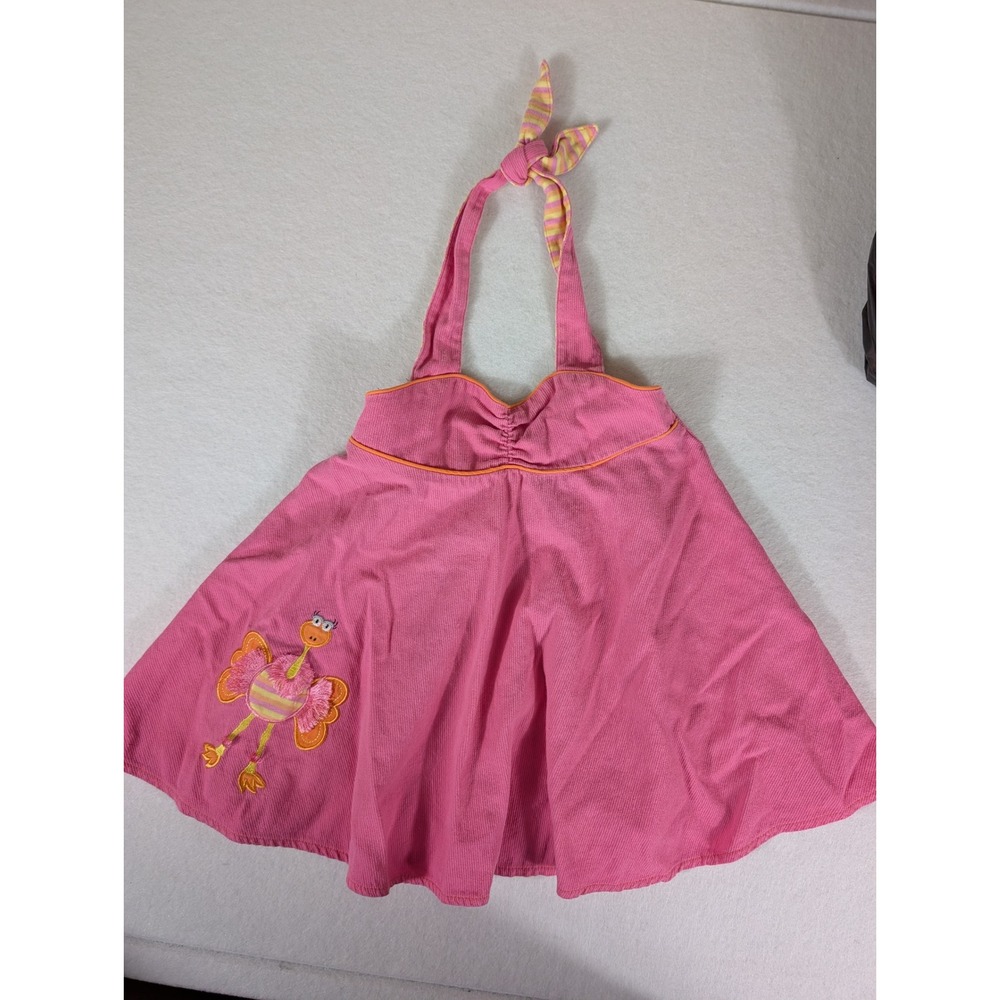 Picture Me Girls Pink Ostrich Applique Halter Dress Size 5 Cotton Tie Neck